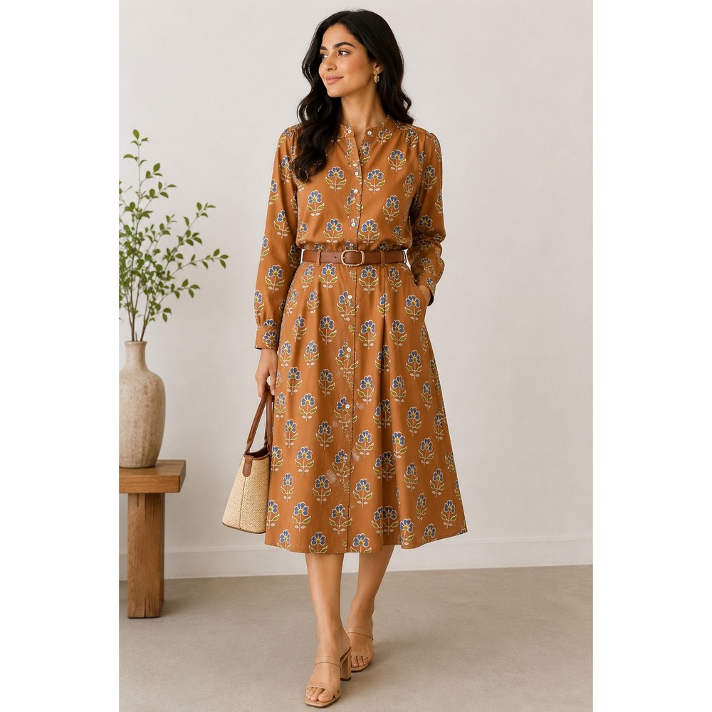 Livro Brown Floral Block Print Button Down Shirt Cotton Band Collar and Skirt - Picture 2 of 15